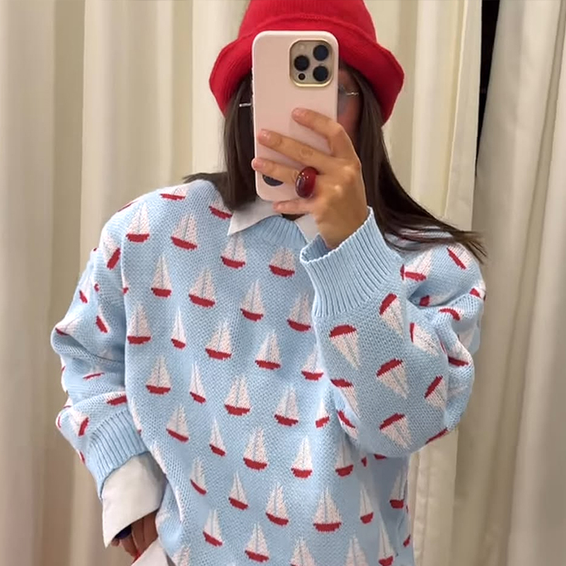 Women's color clashing pullover sweater fall and winter casual style, street style sweater, fashionable and versatile hot women's clothing, 