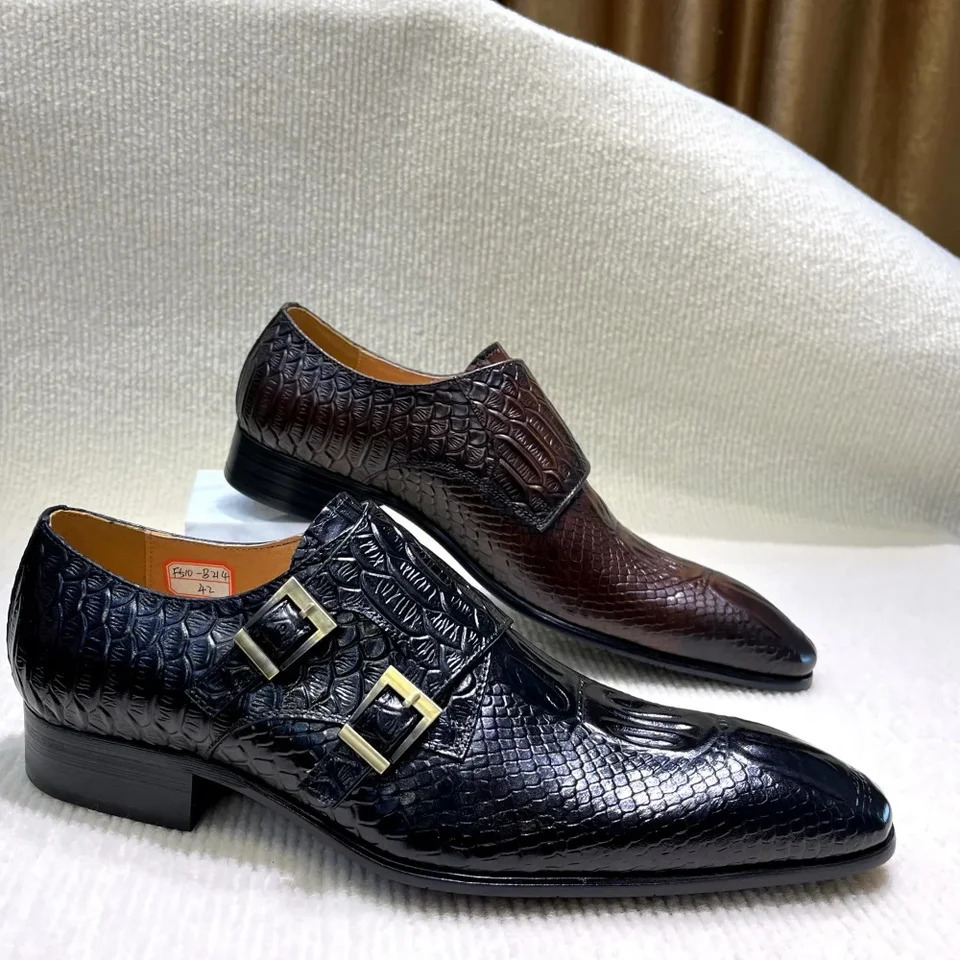 Mens Italian Genuine Leather Formal Oxford Shoes Python Pattern Button Detailing for Office Party Wedding Footwear 251106