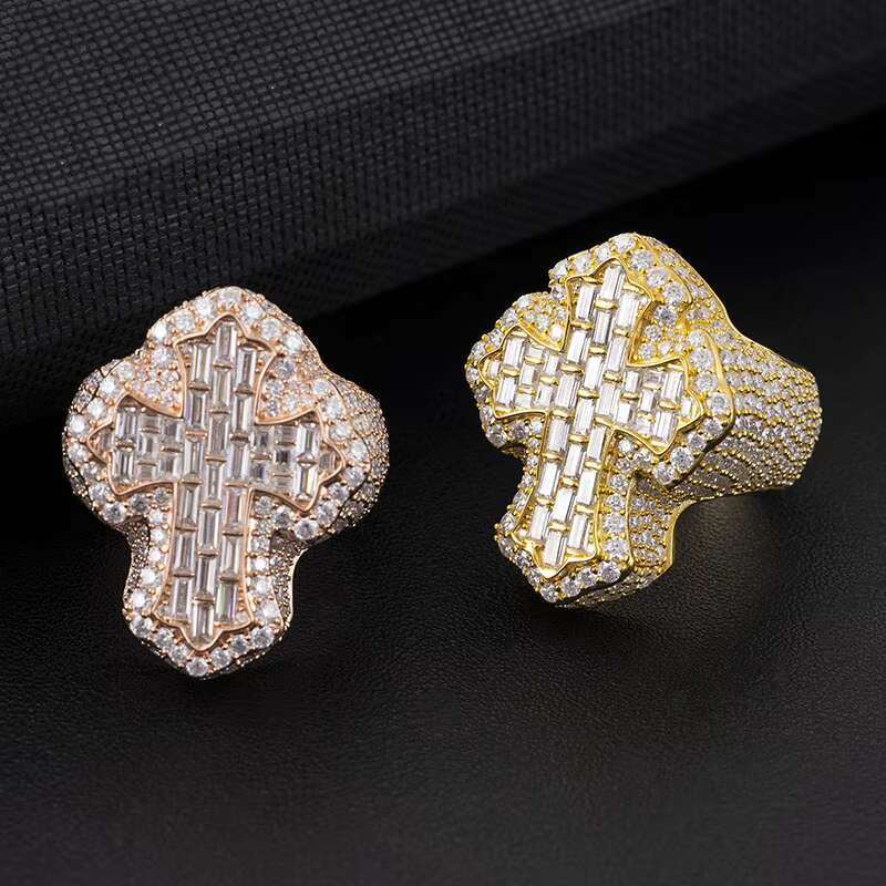 Fully Iced Out Jewelry Hip Hop Ring Gold Plated 925 Sterling Silver Vvs Baguette Moissanite Diamond Cross Ring