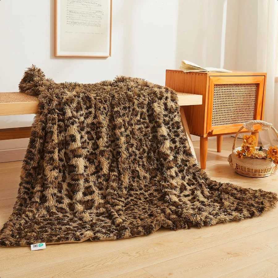 Luxury Faux Fur Leopard Print Throw Soft 50x60 Cheetah Print Fluffy Blanket Shaggy Plush Decorative Couch Throw Cute Furry Fuzz C251111