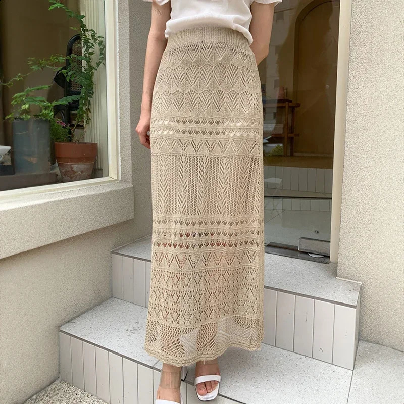 Crochet Knit Midi Skirt Semi Sheer Straight Cut Skirts SpringSummer Womens Vacation Bohemian Beach Clothing 250407