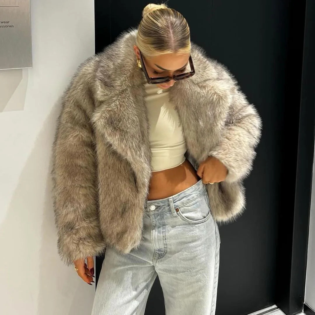 Autumn Winter Women Mink Fur Jacket Short Gradient Lapel Collar Female Artificial Fur Coat Fluffy Loose Lady Faux Fox Fur Coat 251106