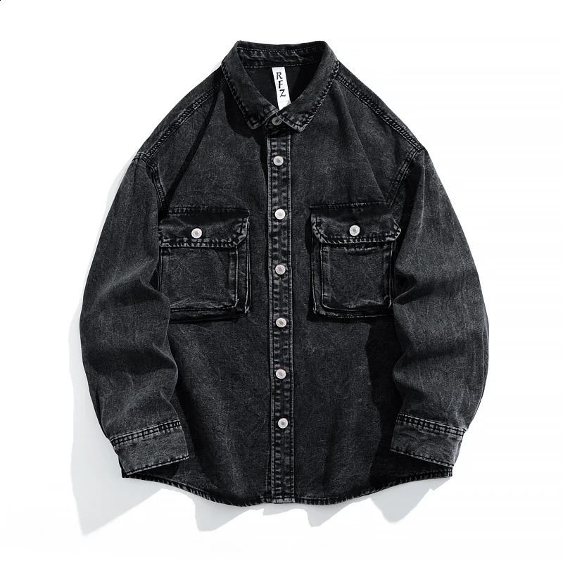 Retro Distressed Long Sleeve Denim Jacket Mens Casual Oversized Work Clothes with Patched Pockets 250411e