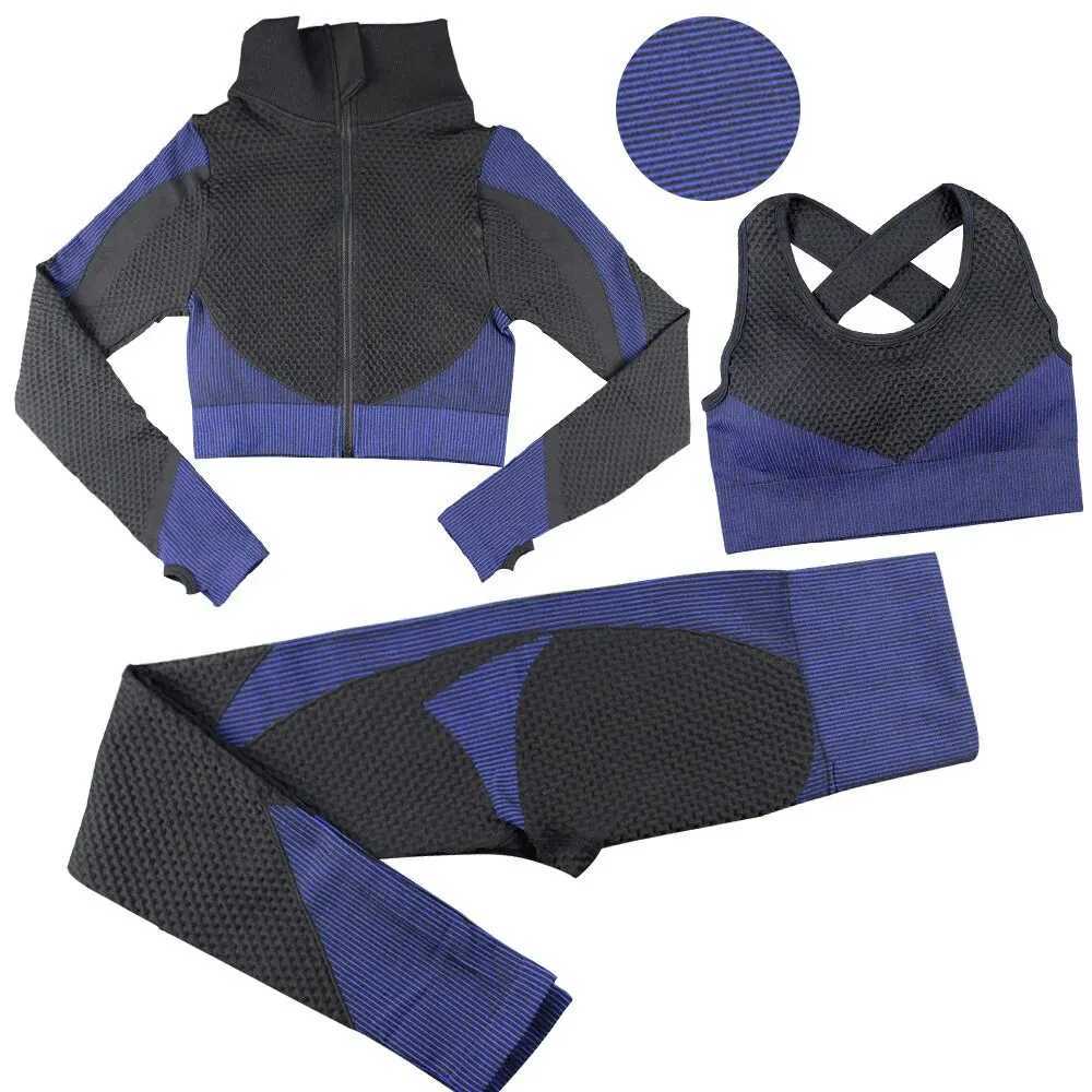 Seamless zipper striped fitness suit womens autumn and winter sports pants long sleeved bra three piece yoga setW250411