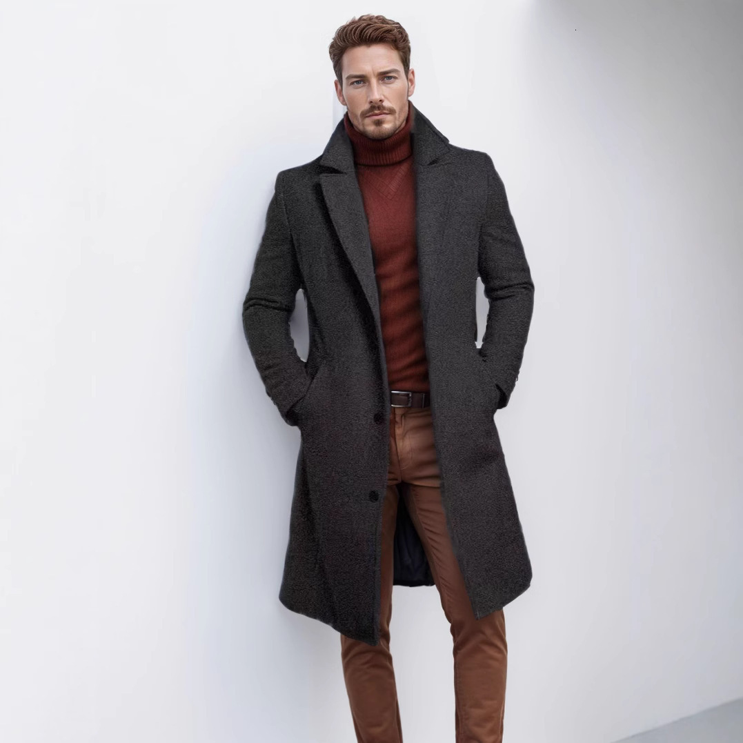 Fashion 2025 New British Style Single-Breasted Thickened Wool Coat for Men, Mid-Length Solid Color Autumn Winter Woolen Suit Collar Coat, Warm Youth C