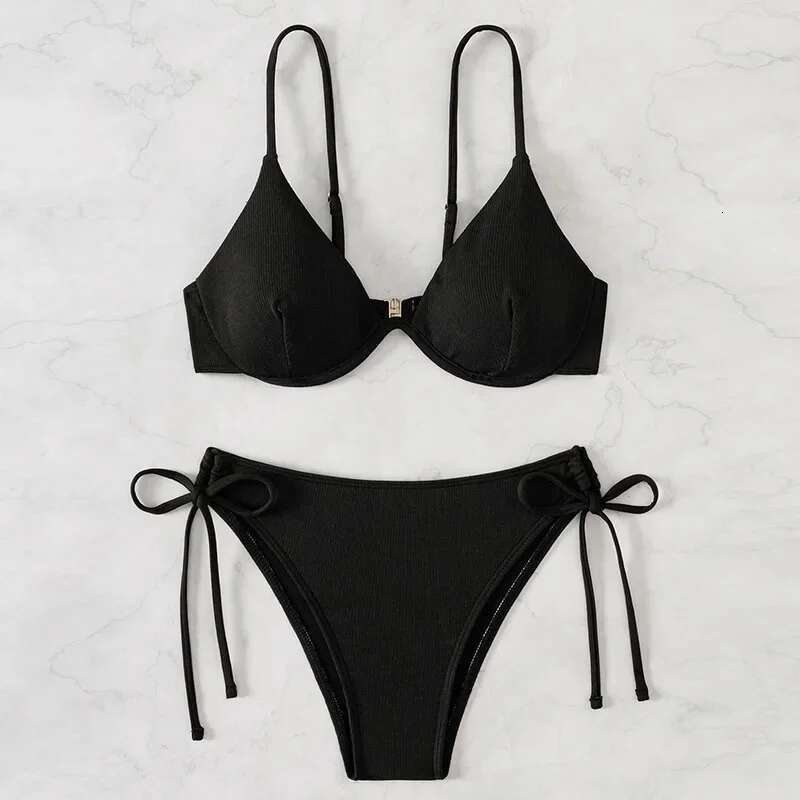 Sexy Gathered Backless Bikini Women's Pure Color Strap Steel Support Separable Swimwear Trendy 2024 New Model Hot Sale