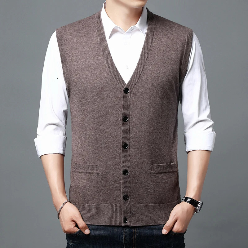 Men Wool Blended Vest Sweater Sleeveless Button Knitted Jacket 2023 Mens Vneck Cardigan Solid Color Winter Warm Top 251104