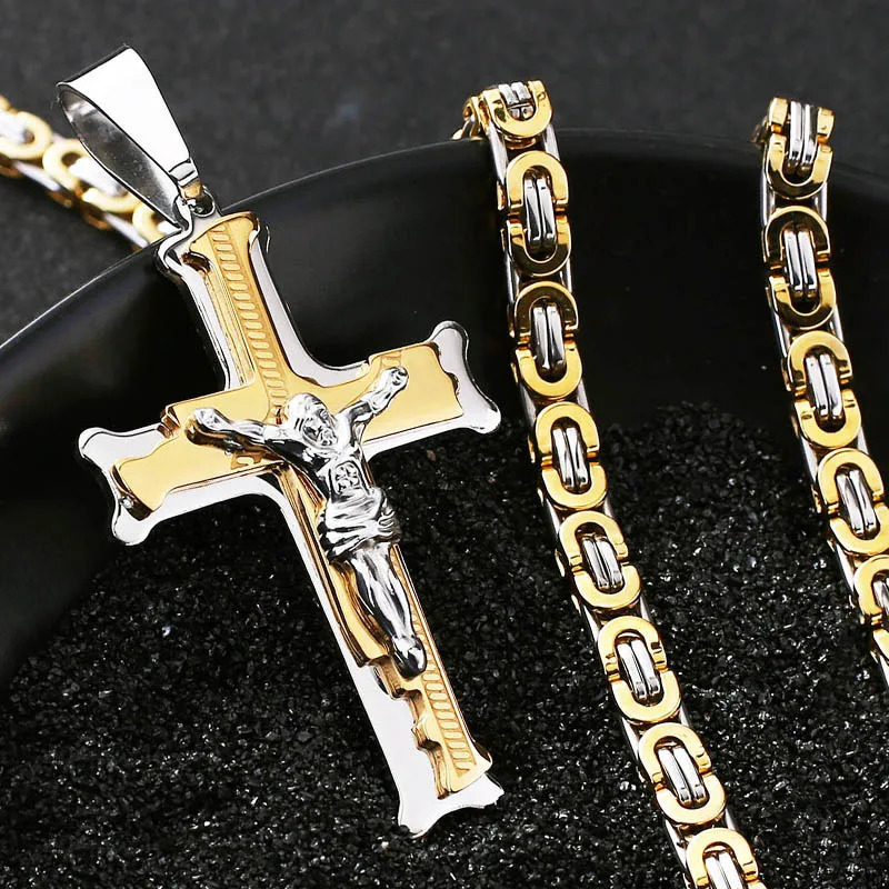 Stainless Steel Crucifix Jesus Byzantine Link Chain Necklace Fish Bone Pattern Cross Pendant Necklace Catholic Jewelry Men Gift 251110