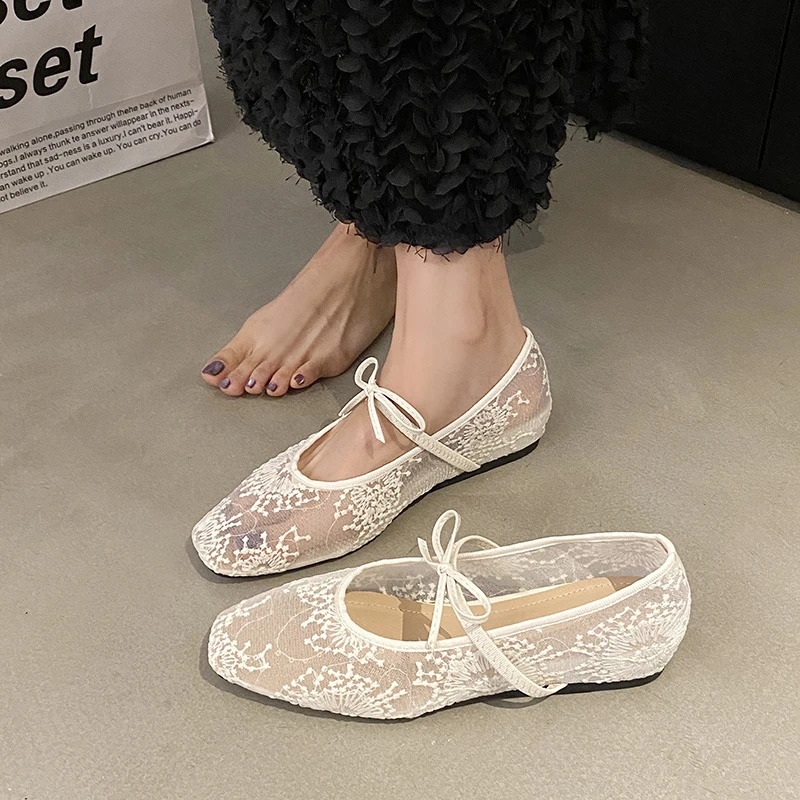 Spring Flat Shoes for Women Square Head Shallow Mouth Mesh Fabric Embroidery Butterfly Knot Soft Sole Single Shoes 250410