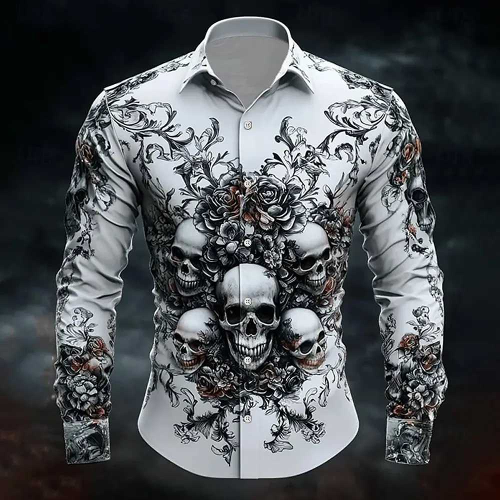 2025 Halloween Theme Mens Halloween Costumes Skulls Shirt Button Up Shirt Casual Dress Shirt Long Sleeve Dark Gothic Style Tops K251110