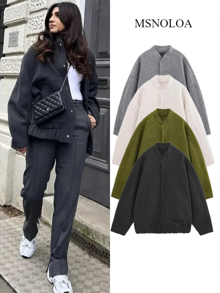 Womens Pocket Decorative Hidden Button Loose Versatile Oversized Bomber Jacket Round Neck Long Sleeve Casual Top Coats 251105