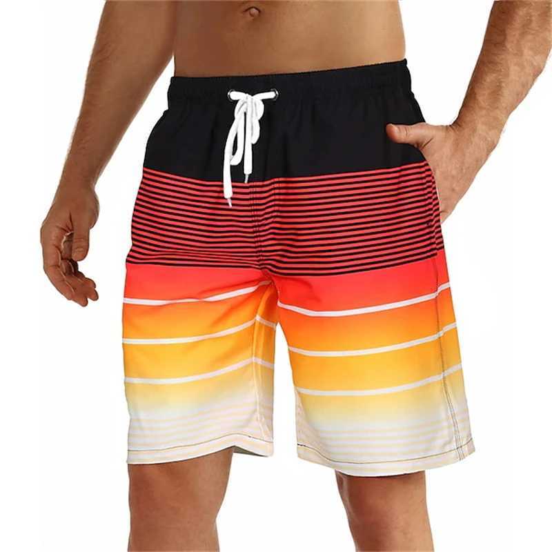 Summer mens swimming shorts mens 3D printed color striped graphics fast drying swimming relay casual Hawaiian shorts daily sports shortsW250410
