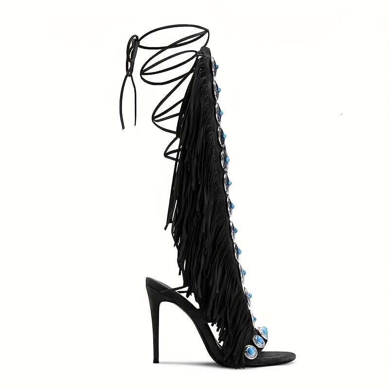 Women's Ultra-High Heel Knee-High Fringe Boots Strappy Lace-Up Ankle Strap Open-Toe Sandals With Tassel Charms, All-Season Dressy Shoes For Parti