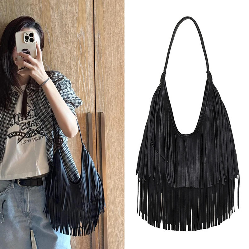 Long Tassel Women Leather Bohemian Style Tassel Shoulder Bag Fringe Hobos Armpit Bag Large Capacity Travel Female Tote Handbag 251110
