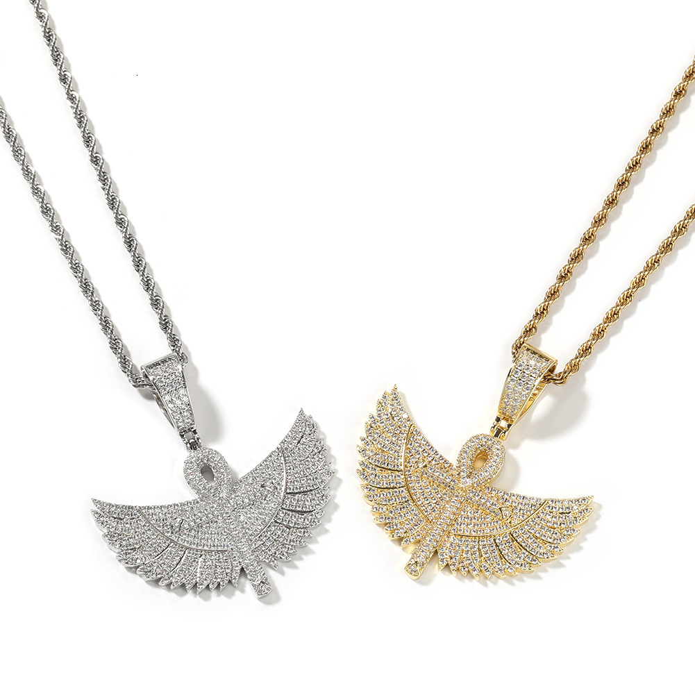 Hip Hop New In Large Ankh Cross With Wings Pendant Full Diamond Cz Stones 14k Real Gold Mens Rap Iced Out Cubic Zirconia Necklaces Punk Rock Collar Bi