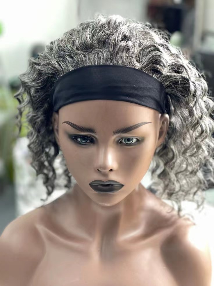 10" tight curl grey headband wig light silver gray human hair salt and pepper natural highlights two tone mixed