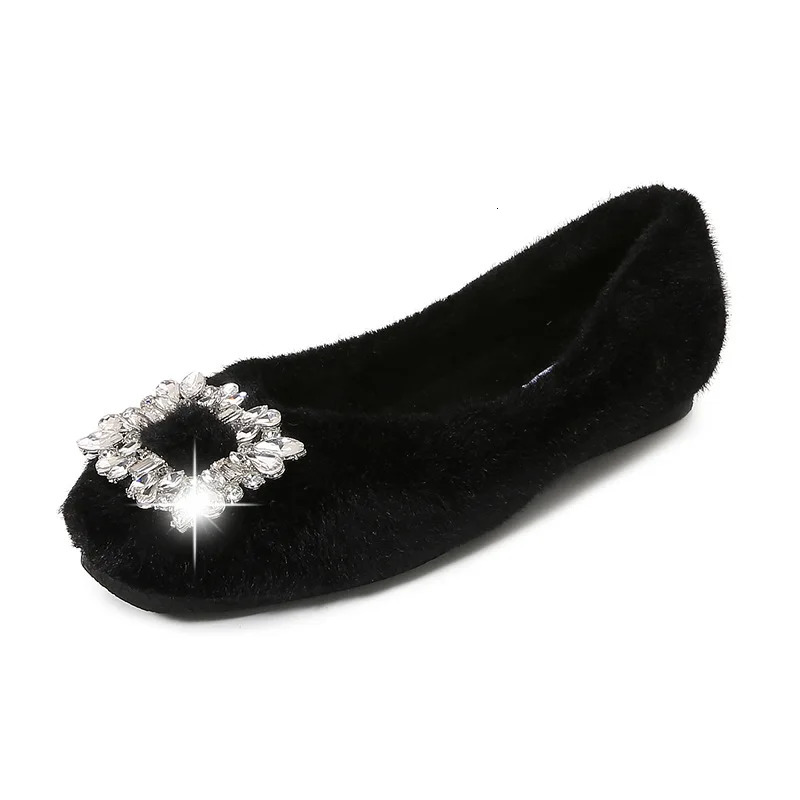 Rhinestone Buckle Fur Shoes Woman Rabbit Hair Flats Soft Furry Loafers Winter Square Toe Cotton Mocasines Mujer Fluffy Ballerina 251110