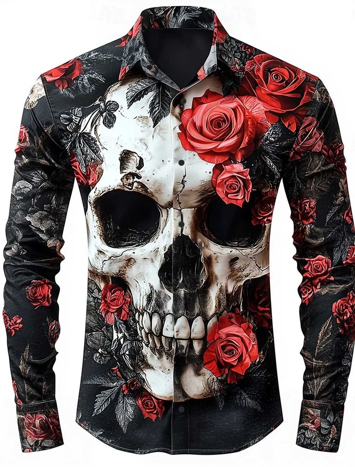Mens Skeleton Rose Skulls Shirt Button Up Shirt Long Sleeve Dark Gothic Style Streetwear Turndown 3D Print Collared Shirts K251110