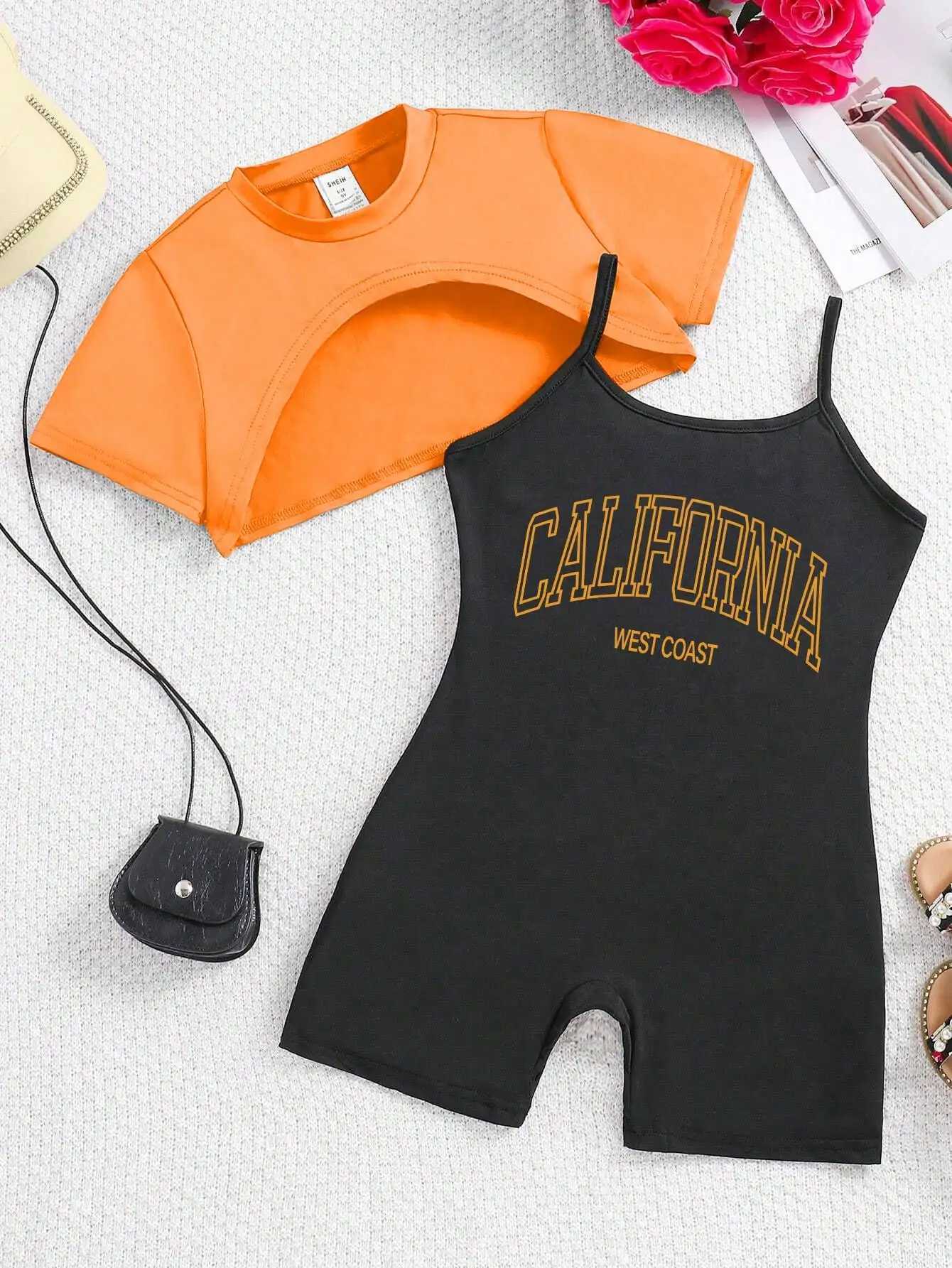 New summer street fashion two-piece set for girls aged 8-12+slim fitting jumpsuit+short sleeved sexy backless design T-shirt topXJ250410