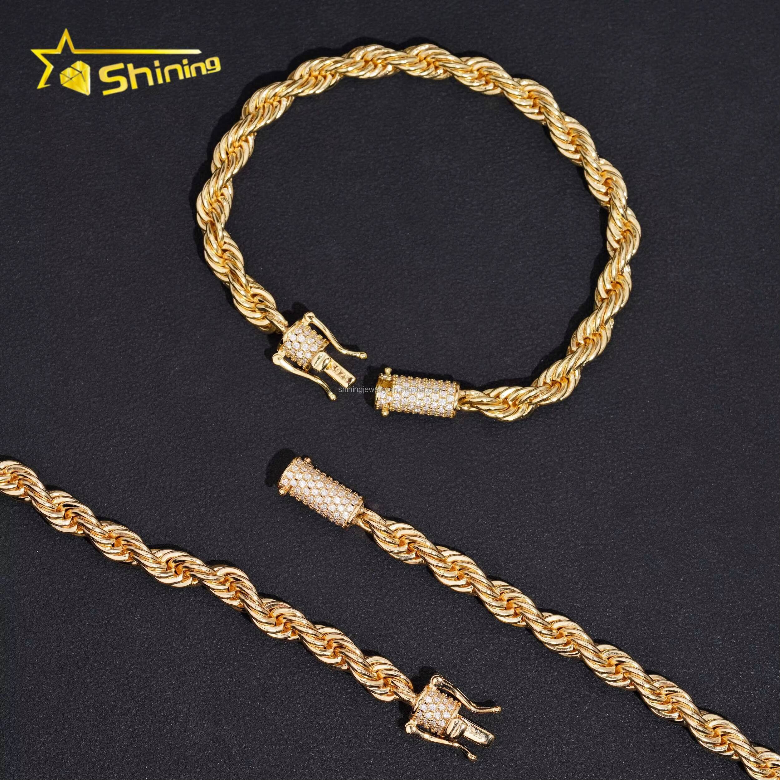 Bulk Stock Drop Shipping Fire Jewelry 6mm Width Stainless Steel 316L VVS Moissanite Clasp Diamond Rope Chain Set Hip Hop Style