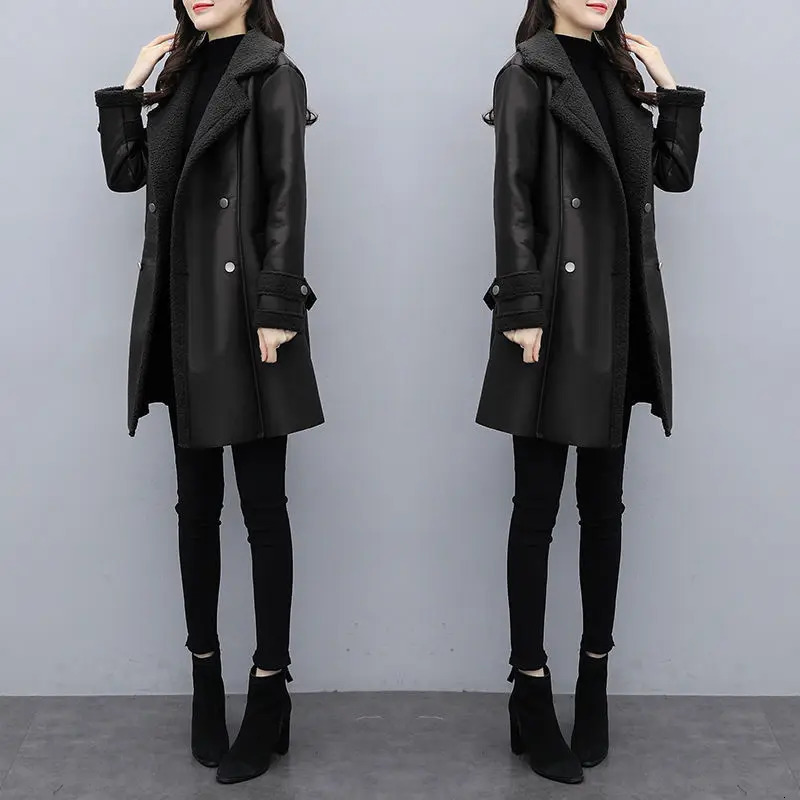2025 Autumn Winter Jacket Womens Fur One PU Leather Coats Loose Ladies Outwear With Thicker Overcoat Female Tops 251103