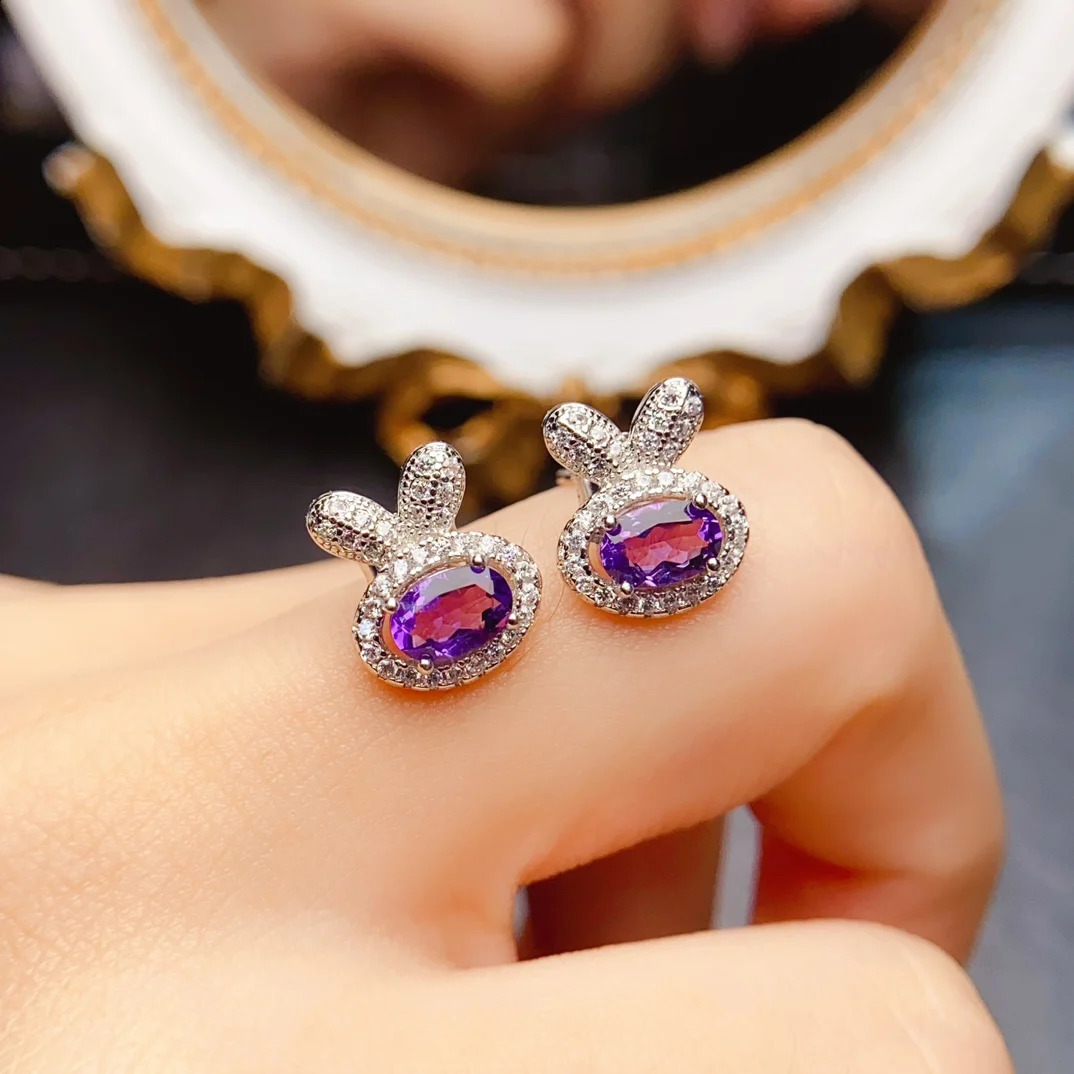 FS 4 * 6mm natural amethyst rabbit earrings S925 pure silver exquisite charm womens wedding jewelry certificate MeiBaPJ gift 250409