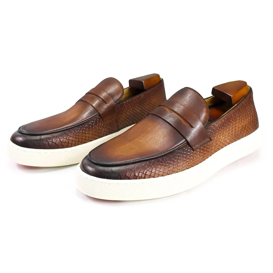 Handmade Genuine Leather Mens Loafers Red Pattern Penny Slip-On Dress Flats for Office Wedding Party 251106