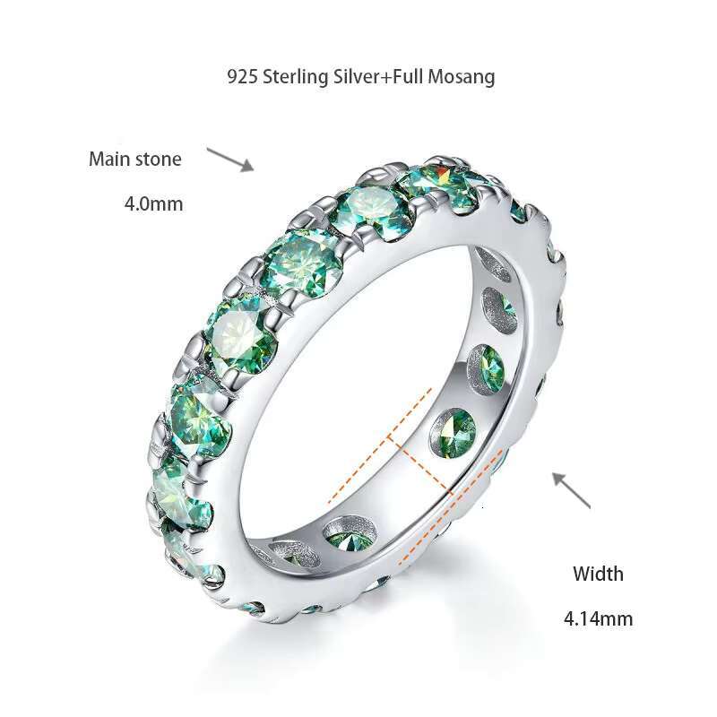Full Circle S925 Silver Gold-Plated 4mm Blue-Green Moissanite Ring Fashionable Style for Men and Women International Trade