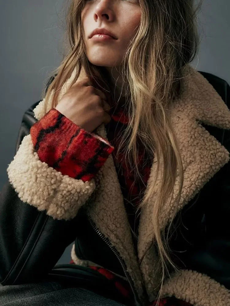 HH Womens Winter Short Motorcycle Jacket Fur One-piece Jacket Retro Lapel Zipper Pocket Decoration Womens Street Wear 251106