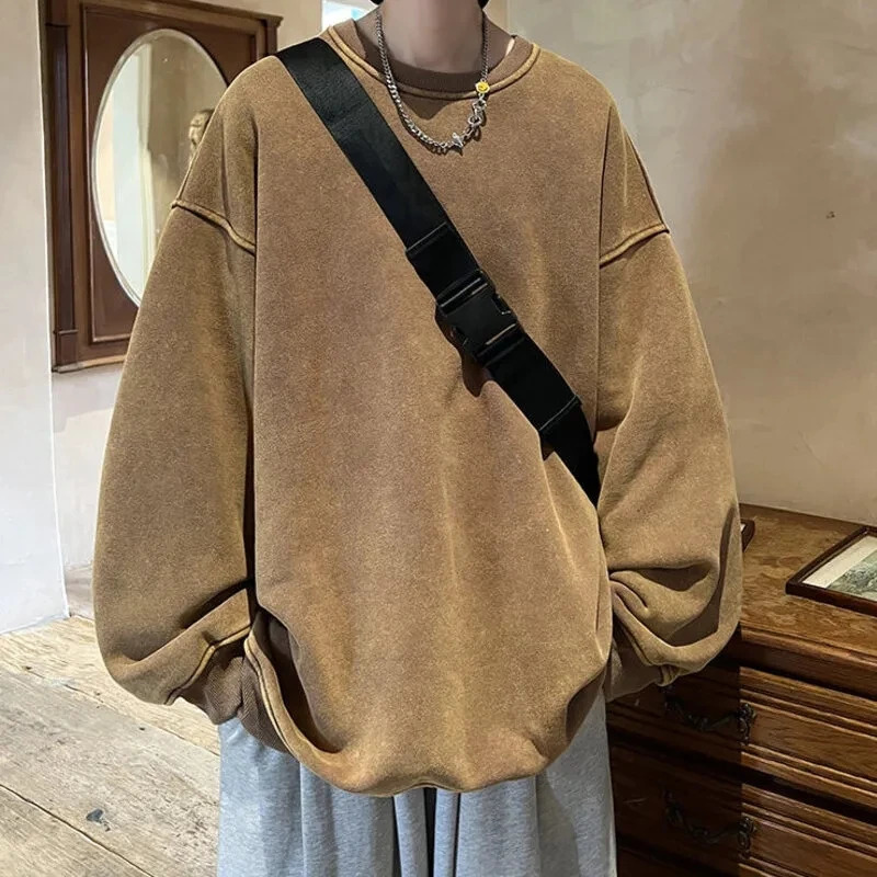 American Washed Old Pullovers Sweatshirts Men Loose Solid Color Autumn Large Size Warm O Neck Tops Hip Hop Y2k Sweatshirt 251110