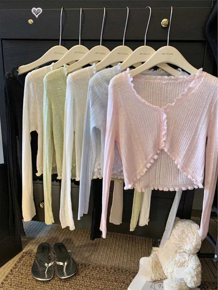 Lace border button long sleeved crop top womens short open front rib knitted cardigan 250407