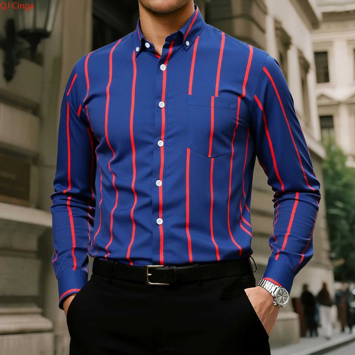 Black Striped Mens Long-Sleeve Shirt Asian Size Single-Button Collar Shirt Available in White Blue Red and Gray K251110