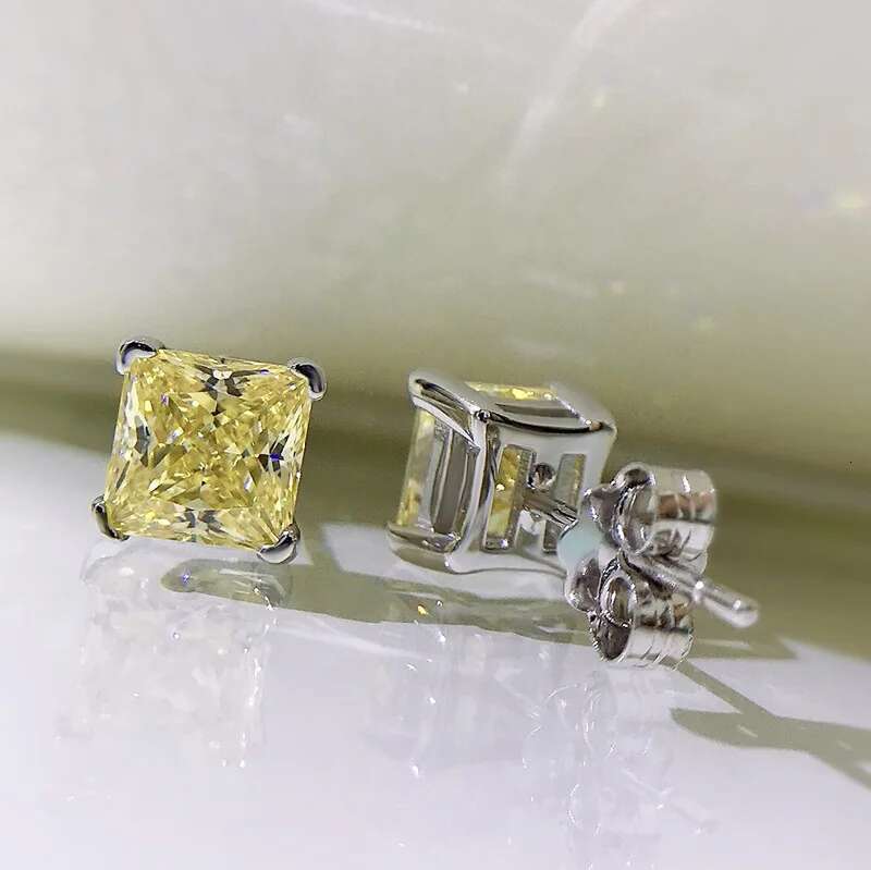 Gorgeous Simple Fine Jewelry Genuine 100% S925 Sterling Silver Princess Cut Yellow Lab Moissanite Diamond Women Stud Earring