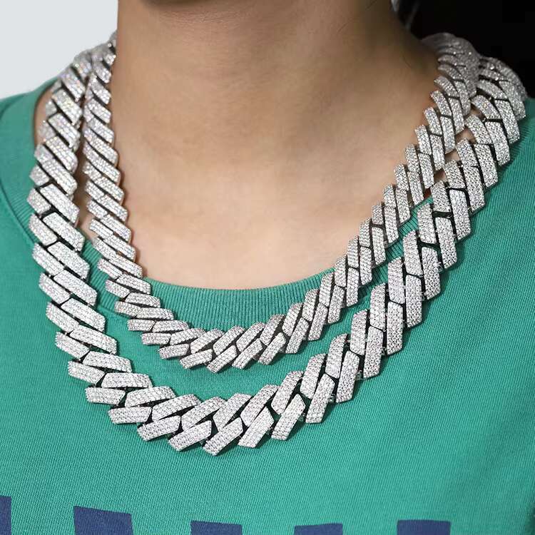 Factory Price Chain 15mm 20mm 3rows Necklace Cuban Link Chains Gold Plated Silver Pass Diamond test Moissanite Chains for Men