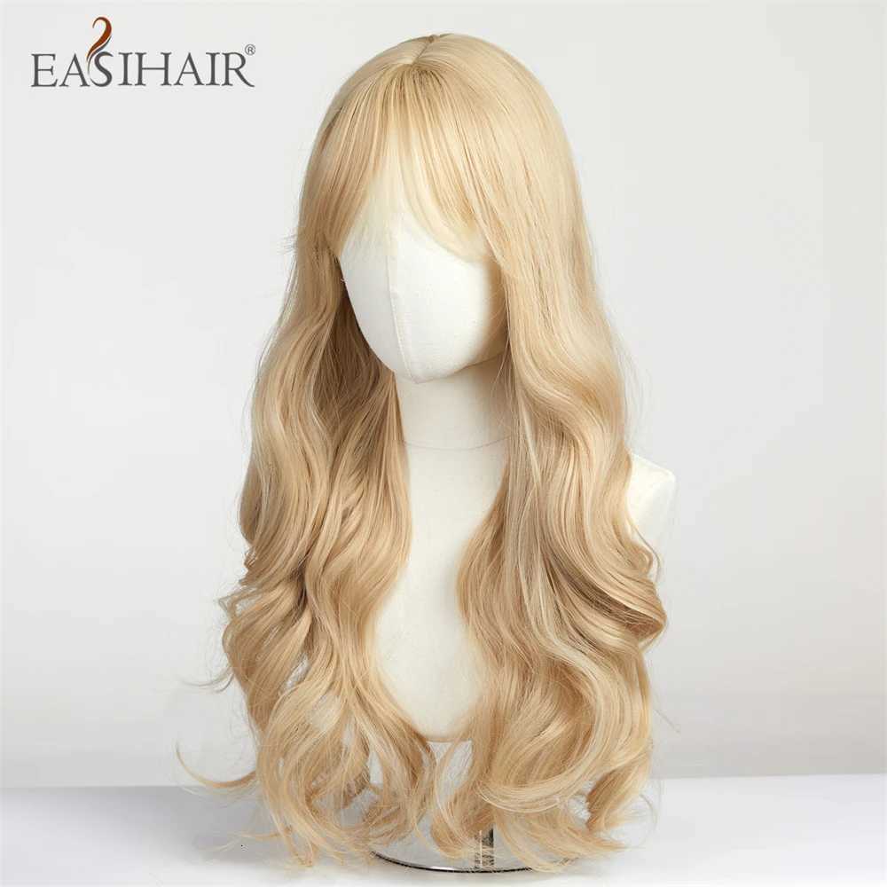 EASIHAIR Sandy Blonde Golden Wavy Synthetic Wigs with Long Bangs Cosplay Lolita Party Hair Wigs for Women Natural Heat ResistantT251111
