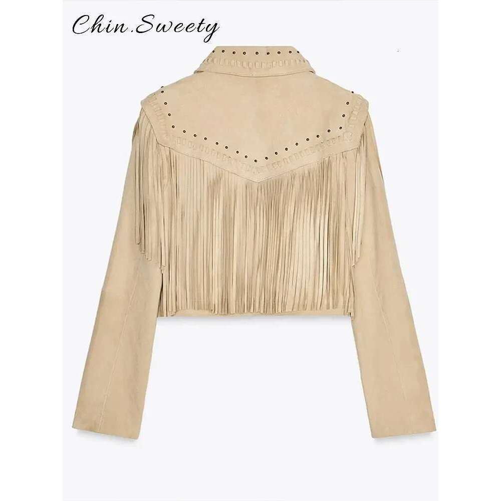 Casual Retro Tassels Rivet Short Jacket Women Solid Loose Lapel Long Sleeve Ziper Jackets 2025 Spring Lady High Street Coats New