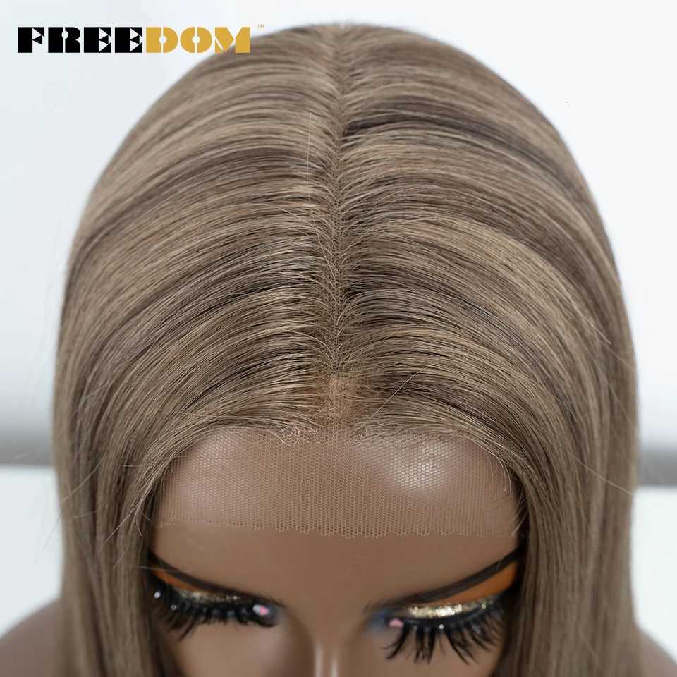 FREEDOM Straight Synthetic Lace Front Wig For Women 38 Inch Long Ombre Brown Red Blonde Hightlight Lace Frontal Wigs Cosplay WigT251111