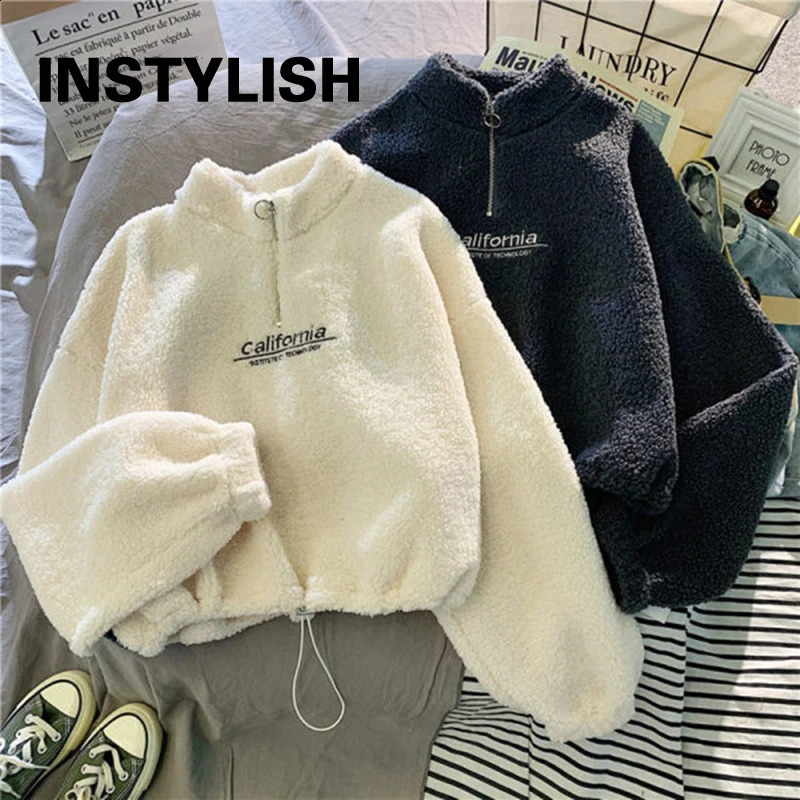 Women Stand Neck Fleece Cropped Hoodies Autumn Letter Embroidery Long Sleeve Drawstring Sweatshirt Elegant Plush Velvet Tops 250410