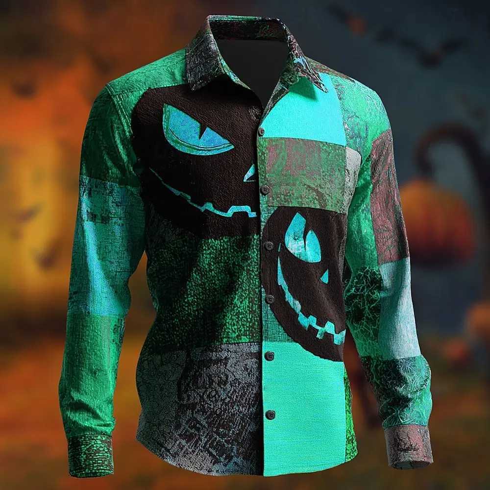 Halloween Costumes Mens Color Block Pumpkin Patchwork Shirt Button Up Shirt Long Sleeve Casual Outdoor 3D Print Collared Shirts K251110