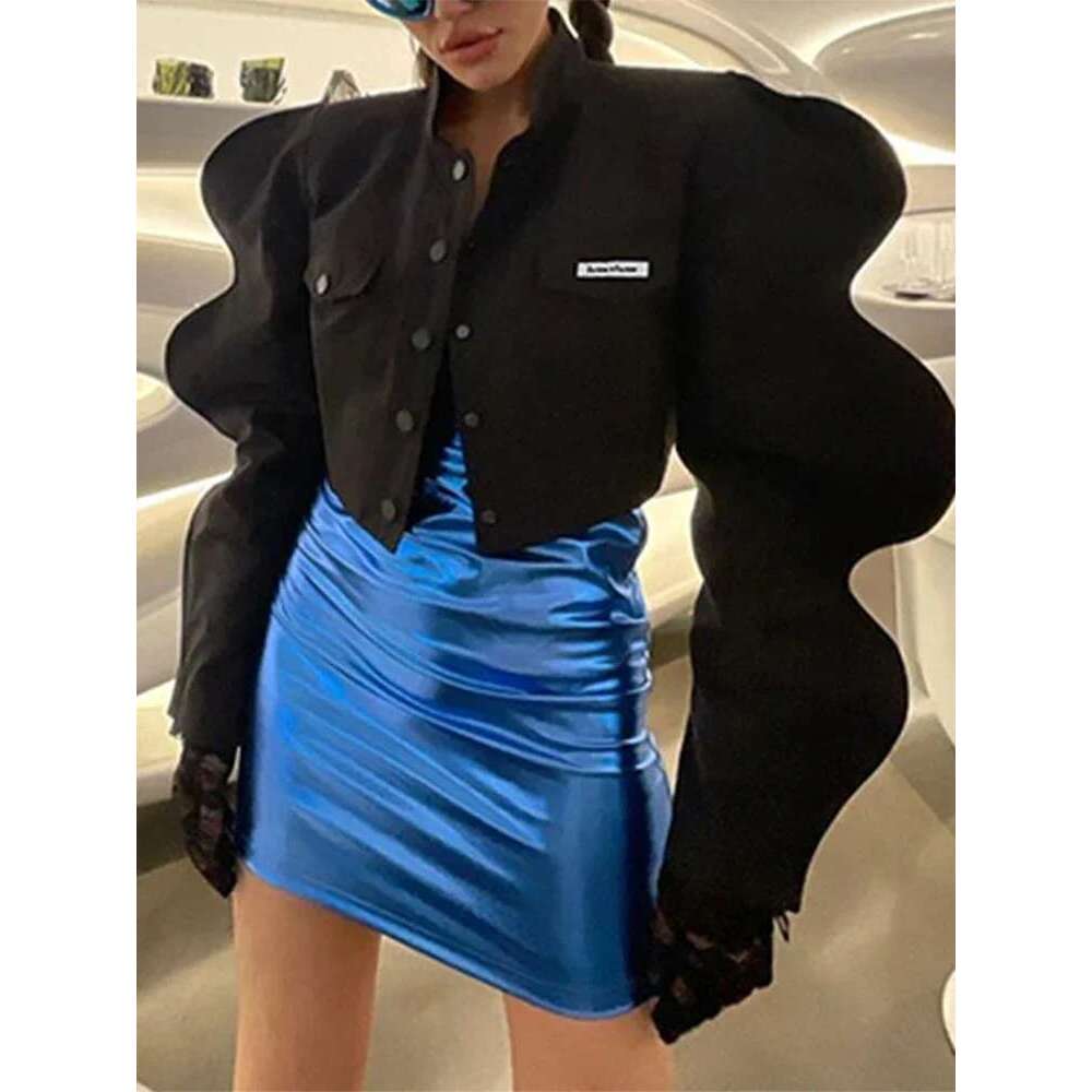 Y2k Tops Women Jacket Fashion Black Top Long Puff Sleeves Sweatshirt Spring Autumn Female Designer Streetwear Party Club Coat