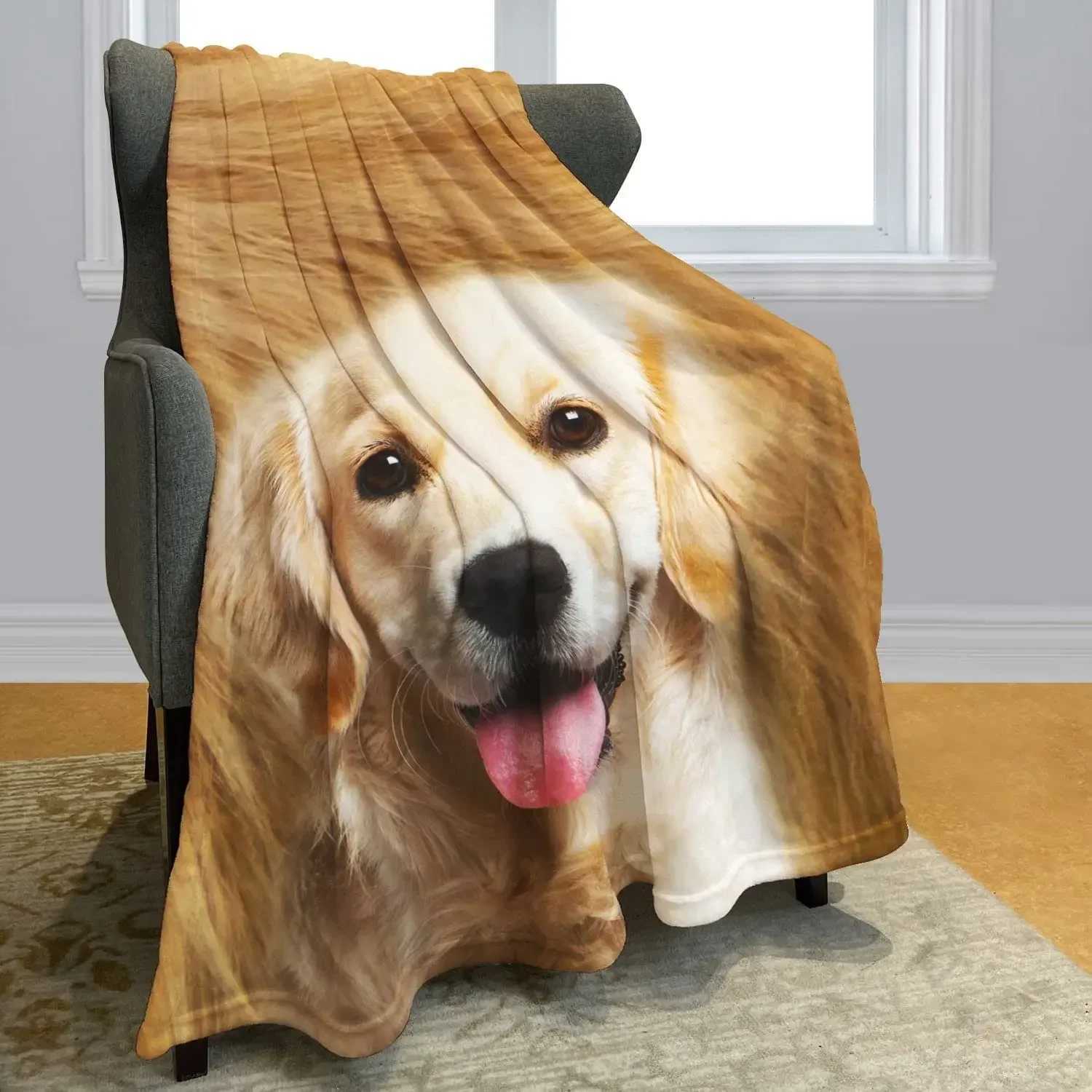 Golden Retriever Blanket Warm Plush Throw Bedspread Nap Shawl for Bed Sofa Home Flannel Animal Blankets Fluffy Soft Cozy Thermal C251111