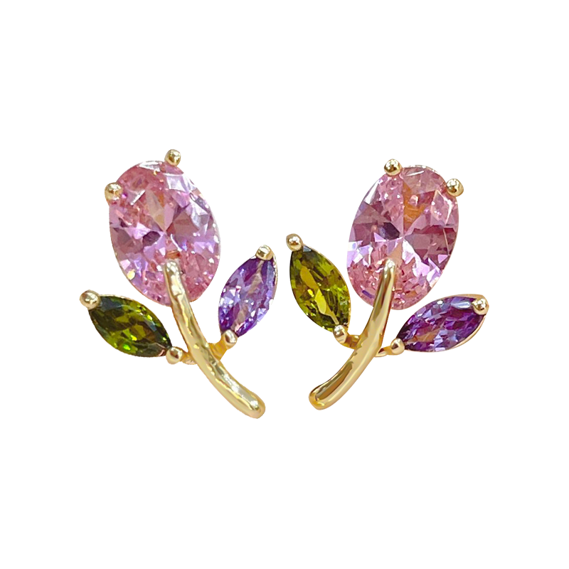 Elegant Ladies' Pink Oval Zirconia Tulip Earrings - Handcrafted Jewelry Accessory