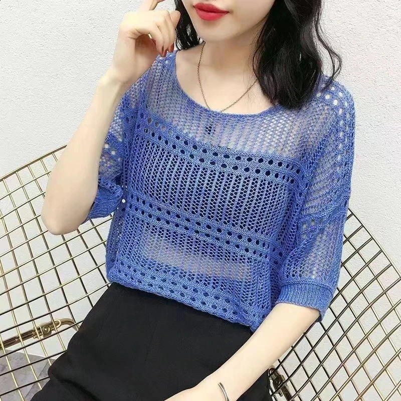2025 Elegant Casual Solid Color Sweater Oneck Short Sleeve Knitted Summer Sweet Crop Top Sexy Hollow Shirt and 250407