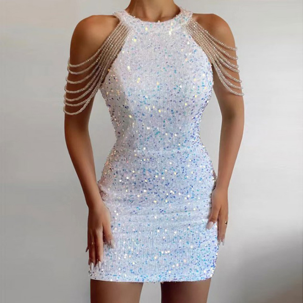 2025 Spring/Summer New Fashion Hanging Neck Sexy Crystal Tassel Wrap Hip Sequin Mid Waist Evening Dress