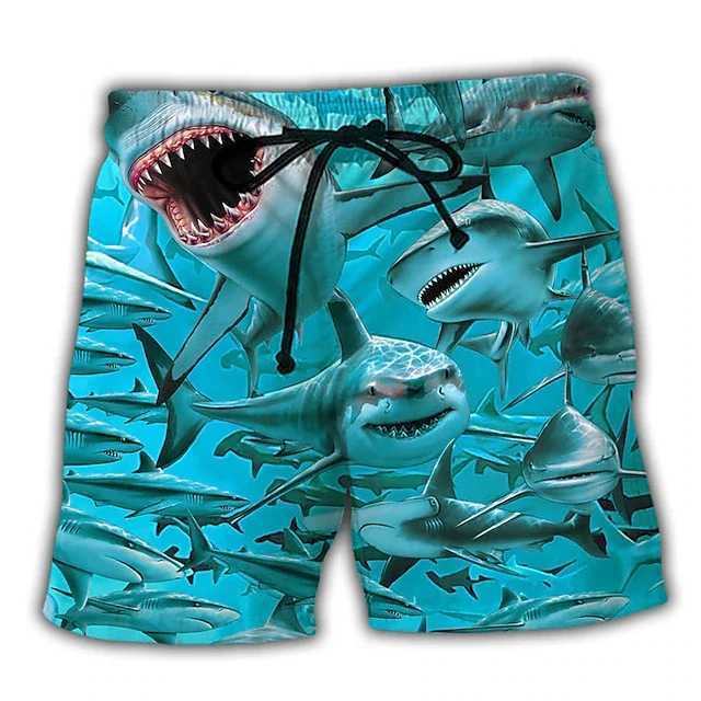 New mens board shorts swimming shorts drawstring shark graphic printing fast drying casual holiday Hawaiian shortsW250410
