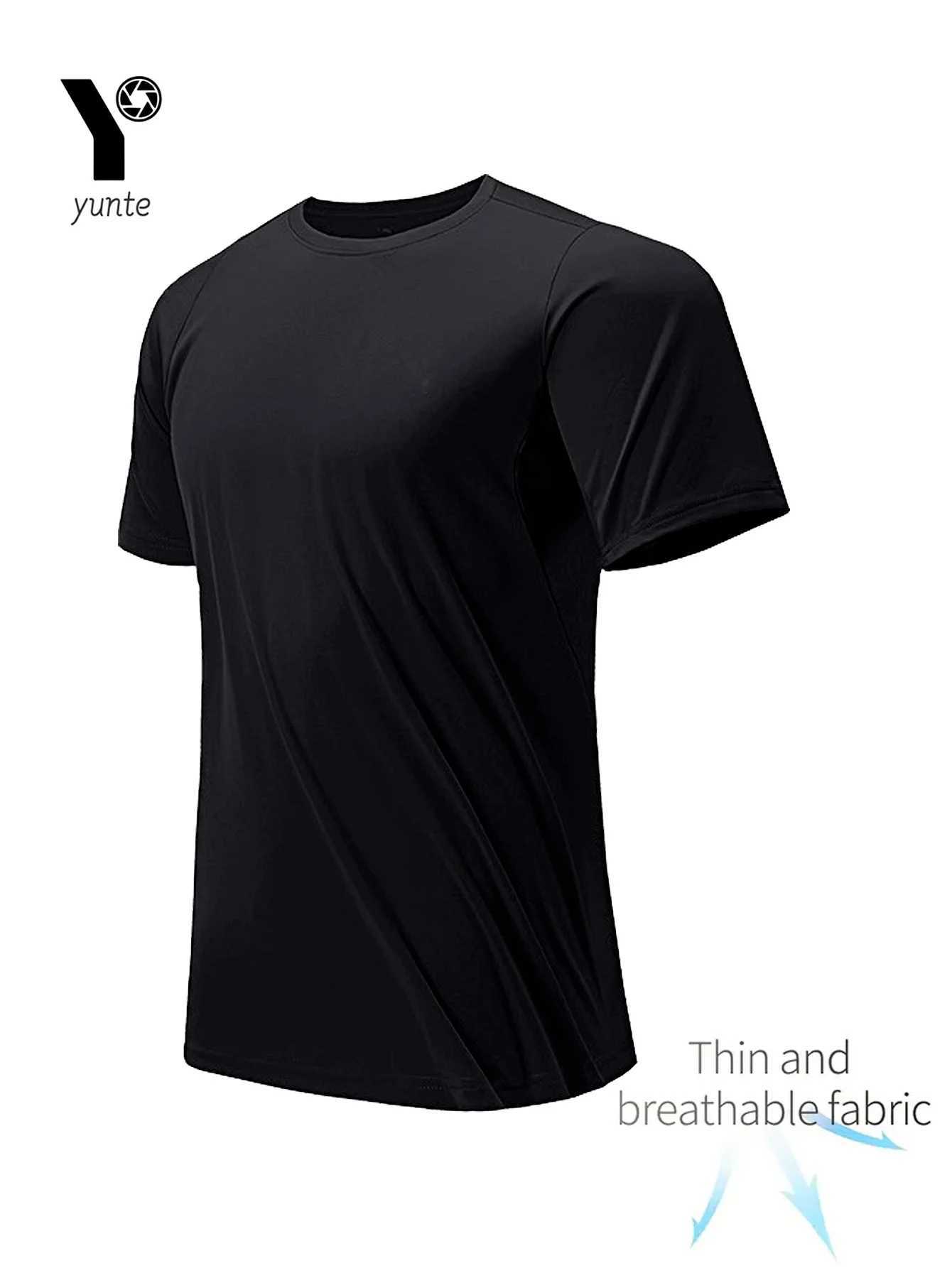 Round neck T-shirt 1 piece black ultra light mens quick drying breathable sweatshirt suitable for fitness gym and Ru M250411