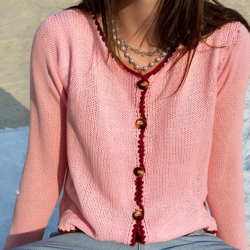 Women's color-block top, round-neck long-sleeved button-up sweater, color-block trim, popular in autumn and winter, casual streetwear---TVL083