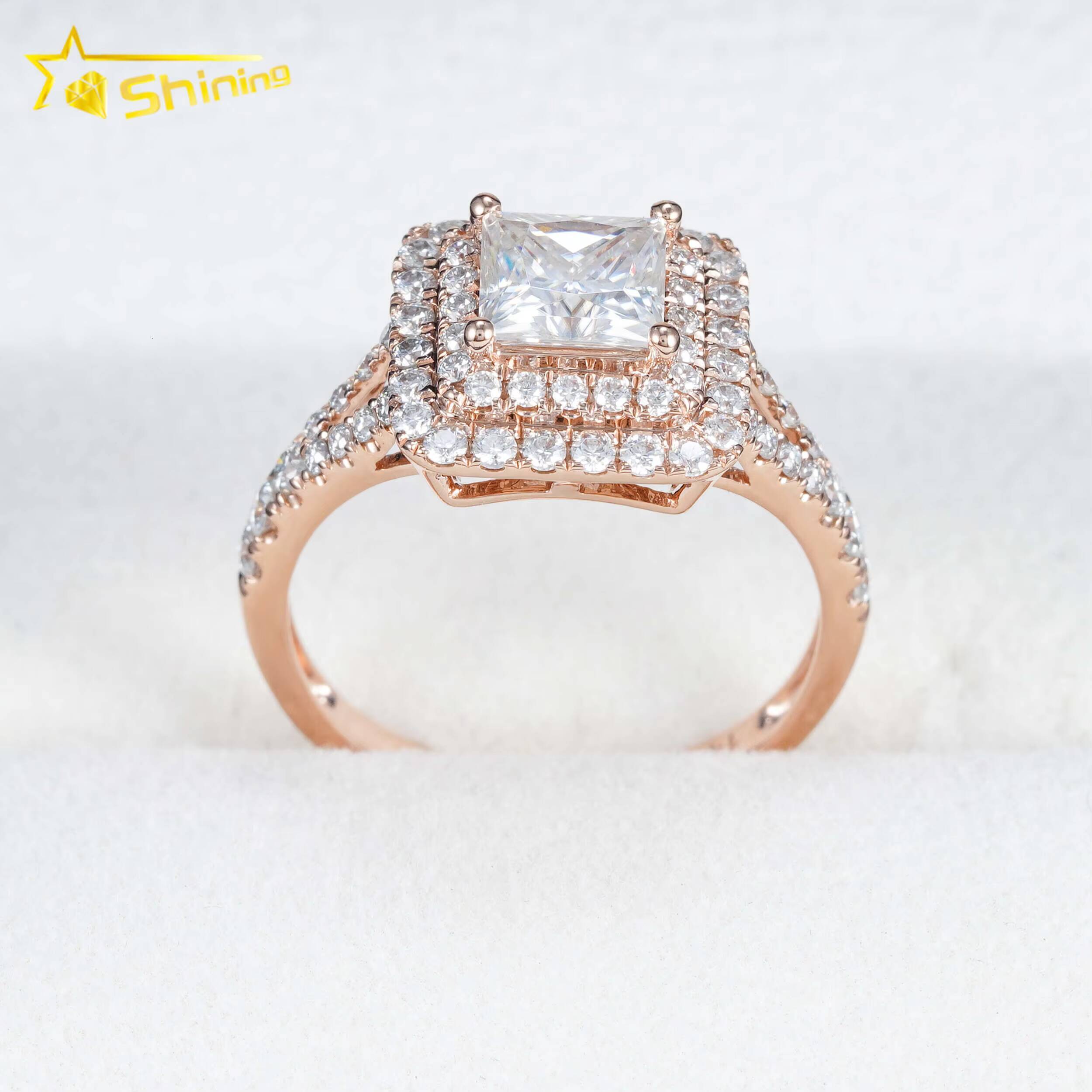 New Halo Design14K Soild Gold 6x6mm 12ct Princess Moissanite Diamond Ring Custom Fancy Shape Wedding Rings for Women