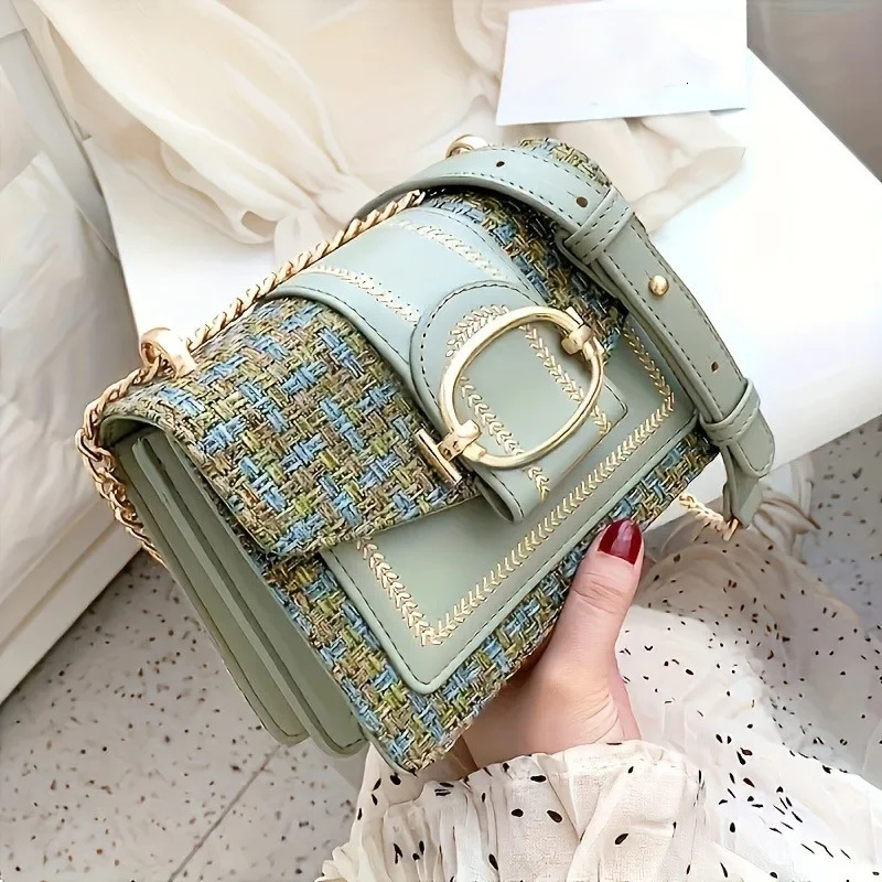 Chic Mini Plaid Tweed Crossbody Bag with Adjustable Strap Fashionable Buckle Clre Available in Cream Green Blue Black 251110