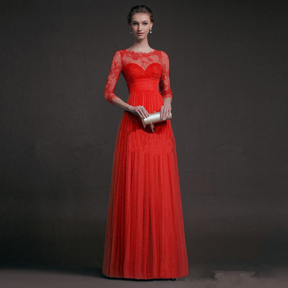 Autumn 2025 Women's Red Long Sleeve Lace Perspective Evening Dress